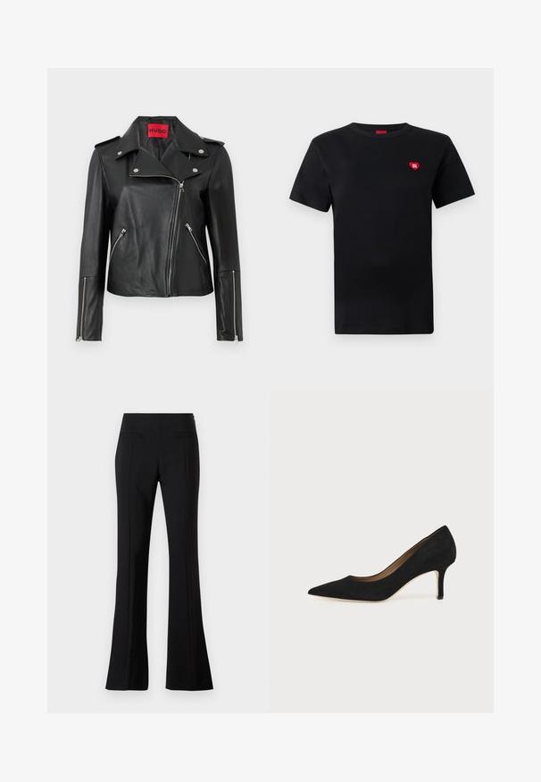 Veste de moto en cuir noir avec des zippers en métal argenté, col à pression et poches zippées. Possède une étiquette intérieure rouge vif.; T-shirt en coton noir à manches courtes, col rond, arborant un petit logo en forme de cœur rouge avec le texte "HUGO" sur la partie gauche de la poitrine.; Pantalons évasés noirs en tissu lisse avec une taille haute, dotés de deux poches arrière et d'un pli sur le devant de chaque jambe.; Escarpin en daim noir à bout pointu avec un talon stiletto fin de hauteur moyenne et un design à coupe basse sur un fond uni.