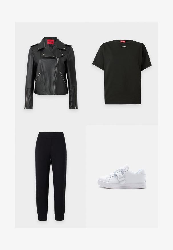Chaqueta de motocicleta de cuero negro con cremalleras plateadas, cuello abatible y bolsillos con cremallera. Presenta una etiqueta interior roja audaz.; Camiseta negra de algodón con mangas cortas, cuello redondo y un pequeño logo circular en la parte delantera. Diseño sencillo con textura lisa.; Pantalones deportivos negros con piernas ajustadas, que cuentan con una amplia cinturilla elástica y paneles laterales texturizados. Hechos de un material suave y elástico.; Zapatilla baja blanca con una correa decorativa con hebilla sobre los cordones y el nombre de la marca en relieve en la suela, sobre un fondo liso.