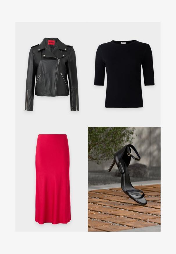 Veste de moto en cuir noir avec des zippers en métal argenté, col à pression et poches zippées. Possède une étiquette intérieure rouge vif.; T-shirt noir à côtes avec un col rond et des manches trois-quarts. Le tissu a une texture lisse et une ligne d'ourlet droite. Pas de marque visible.; Jupe rouge de longueur midi en tissu lisse et extensible. Ajustée en haut avec un bas évasé et sans fermetures ni motifs visibles.; Sandale noire à talon haut avec sangle à la cheville, suspendue au-dessus d'un sol en carreaux de bois à l'extérieur, avec un arrière-plan flou de verdure et de pierre.
