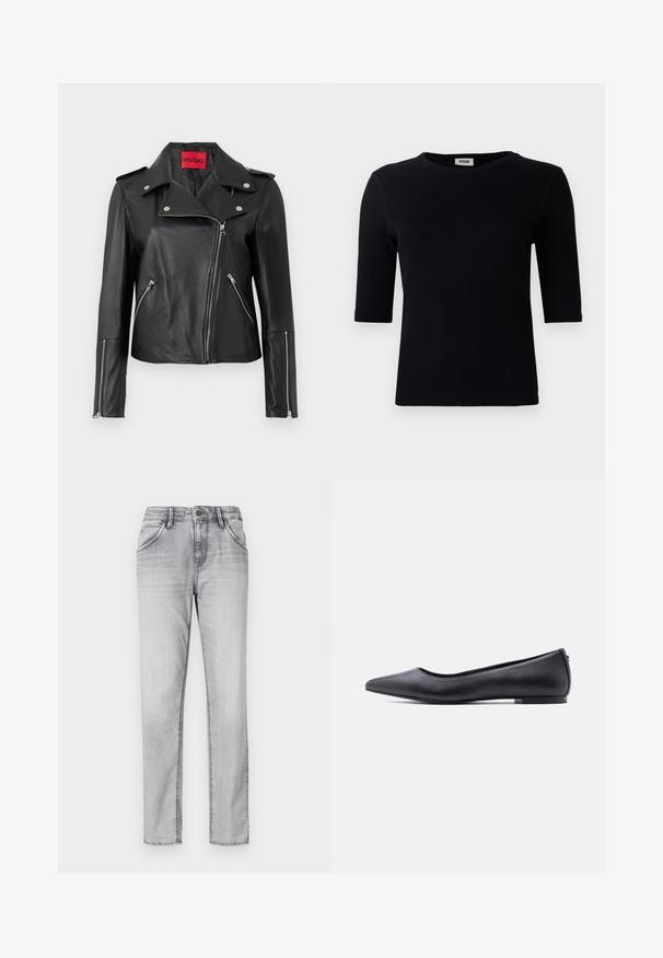 Schwarze Leder-Motorradjacke mit silbernen Reißverschlüssen, Druckknopfkragen und Reißverschlusstaschen. Ausgestattet mit einem auffälligen roten Innenlabel.; Schwarzes, geripptes T-Shirt mit rundem Halsausschnitt und drei Viertelärmeln. Der Stoff hat eine glatte Textur und einen geraden Saum. Keine sichtbare Markenkennzeichnung.; Graue Jeans aus Denim mit klassischem Schnitt, ausgestattet mit einem Knopfverschluss, fünf Taschen und subtilen Auswaschungen für Textur. Gerader Beinansatz.; Schwarzer flacher Lederschuh mit spitzer Kappe und niedrigem Absatz, seitlich vor weißem Hintergrund gezeigt.