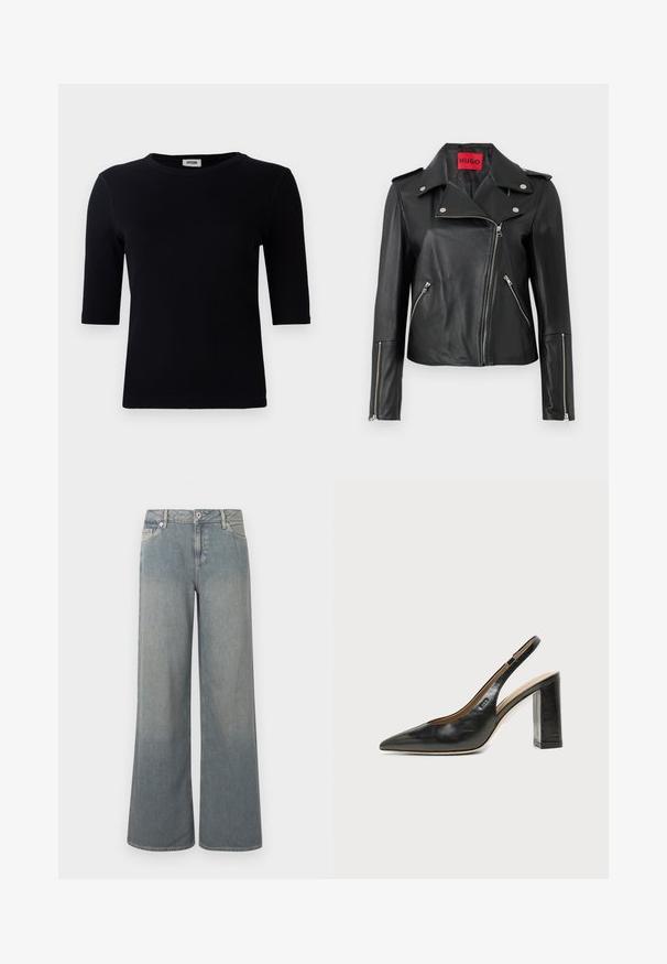 Veste de moto en cuir noir avec des zippers en métal argenté, col à pression et poches zippées. Possède une étiquette intérieure rouge vif.; T-shirt noir à côtes avec un col rond et des manches trois-quarts. Le tissu a une texture lisse et une ligne d'ourlet droite. Pas de marque visible.; Jean large coupe large délavé clair en denim, doté d'un design classique à cinq poches, d'une fermeture éclair et bouton, avec des accents d'ourlet effiloché.; Chaussure slingback en cuir noir à bout pointu avec un talon bloc haut et une doublure intérieure beige sur un fond clair uni.