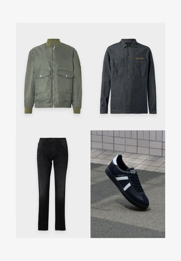 Olivgrüne Bomberjacke mit Reißverschluss, gerippten Bündchen und Kragen. Zwei vordere Taschen mit Druckknopfverschluss. Mit eingeprägtem Logodetail.; Dunkelblaue Denim-Hemd mit vertikalen Streifen, zwei Brusttaschen und goldenem gesticktem Logo auf der linken Seite. Metall-Druckknöpfe.; Schwarze Jeans aus Denim mit geradem Schnitt, Fronttaschen und einem einzelnen Knopfverschluss. Verfügt über subtile Verblassungen und Näh-Details.; Schwarze Leder-Sneaker mit weißen Streifen, strukturiertem Gummisohle und Schnürung. Verfügt über ein Markenetikett auf der Zunge.