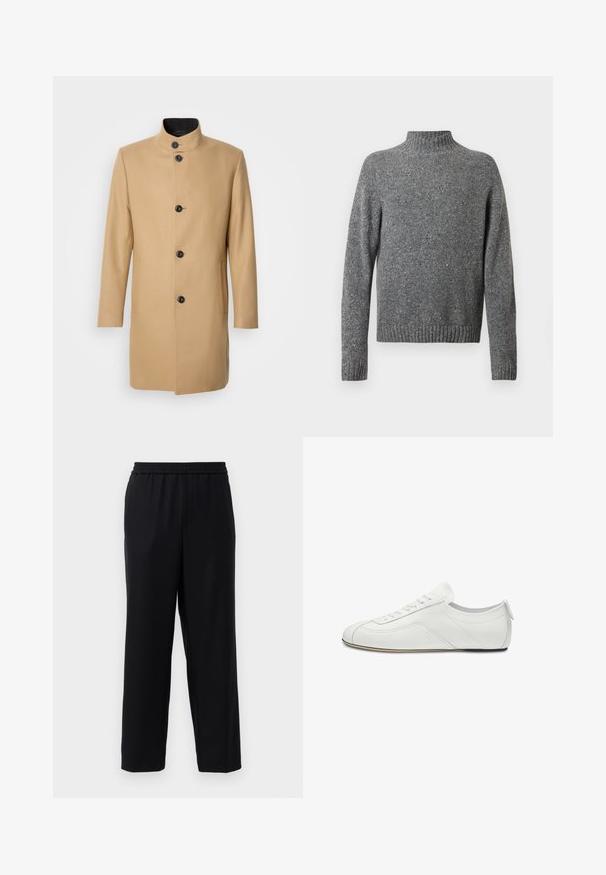 Beige wollen jas met een hoge kraag, sluiting met knopen aan de voorkant en twee zijzakken. Gladde textuur en een getailleerd silhouet.; Grijs gespikkeld gebreid sweater met een hoge hals, lange mouwen en geribbelde manchetten en zoom.; Zwarte broek met een elastische tailleband, recht gesneden ontwerp en een gladde, lichte stof. Geen zichtbare zakken of patronen.; Witte lage leren sneaker met vetersluiting aan de voorkant, subtiele stiksel details en een platte, dunne zool, zijaanzicht.
