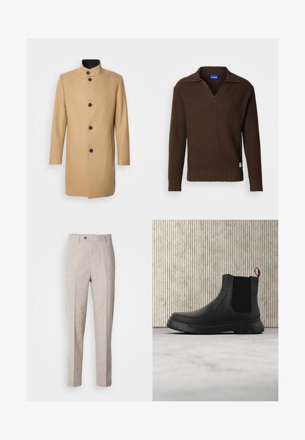 Beige wollen jas met een hoge kraag, sluiting met knopen aan de voorkant en twee zijzakken. Gladde textuur en een getailleerd silhouet.; Bruine geribbelde gebreide trui met een V-hals en een opgevouwen kraag. Heeft lange mouwen. Voorzien van een klein blauw label aan de zoom.; Lichtbeige wollen broek met een zachte textuur, rechte snit, voorplooien en een enkele knoopsluiting bij de tailleband.; Zwarte enkelboot met een gladde afwerking, elastische zijpanelen en een contrasterende rode treklus, met een dikke rubberen zool en een afgeronde teen.