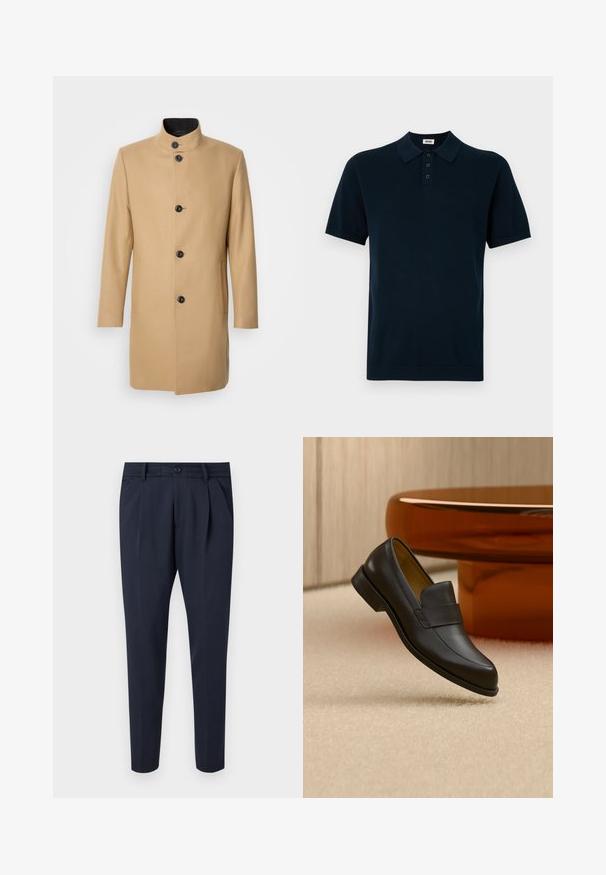 Beige wollen jas met een hoge kraag, sluiting met knopen aan de voorkant en twee zijzakken. Gladde textuur en een getailleerd silhouet.; Marineblauwe polo met korte mouwen, voorzien van een gestructureerde stof, een drieknoopsluiting en gebreide kraag en manchetten.; Marineblauwe broek van gladde stof, met plooien, een ritssluiting en knoopsluiting, zijzakken en een taps toelopend ontwerp.; Zwarte leren loafer met lage hak zwevend boven een beige tapijt dichtbij een ronde bruine tafel.