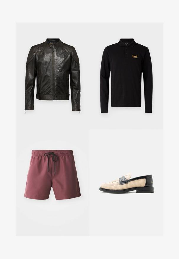 Belstaff OUTLAW - Lederjacke - black; Schwarzes langärmliges Poloshirt aus Baumwolle, mit einer Knopfleiste mit drei Knöpfen und einem kontrastierenden gelben gestickten Logo auf der Brust.; Burgunderfarbene Badeshorts mit elastischem Bund und schwarzem Kordelzug. Verfügt über Seitentaschen und einen glatten, leichten Stoff.; Beiger gewebter Loafer mit schwarzem Lederbesatz, abgerundeter Spitze, schwarzer Sohle und dekorativem gesteppten Muster an der Oberseite.