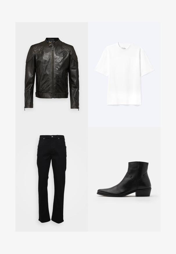 Belstaff OUTLAW - Lederjacke - black; Schlichtes weißes T-Shirt mit kurzen Ärmeln und Rundhalsausschnitt in entspannter Passform, auf hellem Hintergrund dargestellt.; Schwarze gerade Jeans mit Fronttaschen, Gürtelschlaufen und einem Knopfverschluss auf einem weißen Hintergrund.; Schwarze Leder-Ankle-Boots mit spitzer Zehenpartie, minimalen Nähdetails, einem mittelhohen Blockabsatz und einer glatten, polierten Oberfläche.