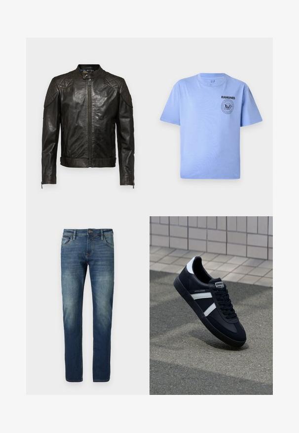 Belstaff OUTLAW - Læderjakker - black; Lys blå bomulds t-shirt med korte ærmer, rund hals og sort "Ramones" logo tryk på venstre brystområde. Glat tekstur.; Blå denimjeans med lige ben, slidt fordybning, kontraststing, fem lommer og en knaplukning.; Sort lædersneaker med hvide striber, tekstureret gummisål og snørrebånd foran. Har et brandet mærke på tungen.