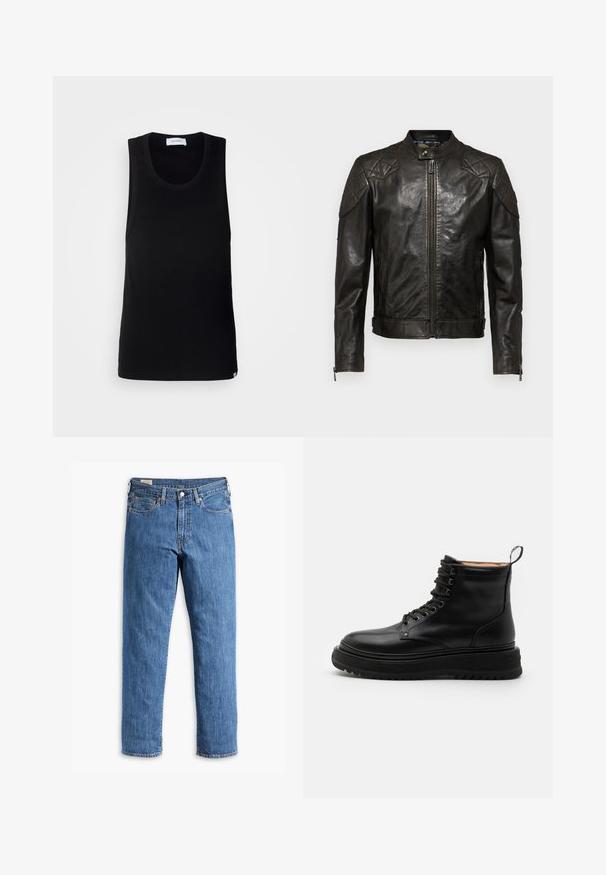 Belstaff OUTLAW - Læderjakker - black; Sort ærmeløs tanktop lavet af bomuld, med en rund halsudskæring og et enkelt design med en diskret mærkeetiket ved kanten.; Blå denimjeans med lige ben, kobbernitter og fem-lomme design. Har en syet kant og et klassisk taljebånd med bæltestropper.; Sneaky Steve SLACK - Snørestøvletter - black