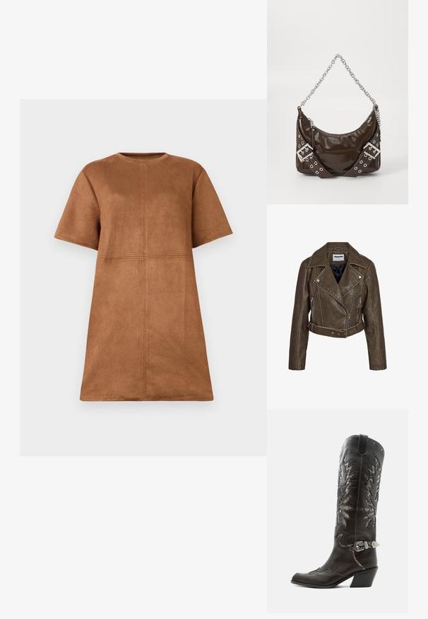 Braune kurze Bikerjacke aus Kunstleder mit Reißverschlusstaschen, tailliertem Gürtel und weitem Reverskragen.; Braunes Wildleder-Kleid mit kurzen Ärmeln und Rundhalsausschnitt, mit vertikalen und horizontalen Nahtdetails auf der Vorderseite.; Schwarzer Leder-Cowboystiefel mit dekorativen Ausschnitten, silberner Schnalle und schräger Ferse, auf weißem Hintergrund dargestellt.; Dunkelbraune Lackleder-Handtasche mit silberner Kettenriemen, dekorativen doppelten Schnallen und Reißverschluss.