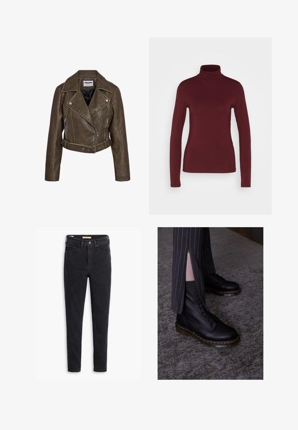Brun kort bikerjakke i imiteret læder med lynlåslommer, bælte i taljen og bred reverskrave.; Pieces PCSIRENE ROLLNECK - Langærmet T-shirt - tawny port; Sorte denimjeans med høj talje, slank pasform og minimale syninger. Stofmet viser en let tekstur med en glat finish.; Sorte læder snørebåndsstøvler med en struktureret overflade, gule syninger og en solid, gennemsigtig sål. Samlet med stribede bukser med lynlåse.