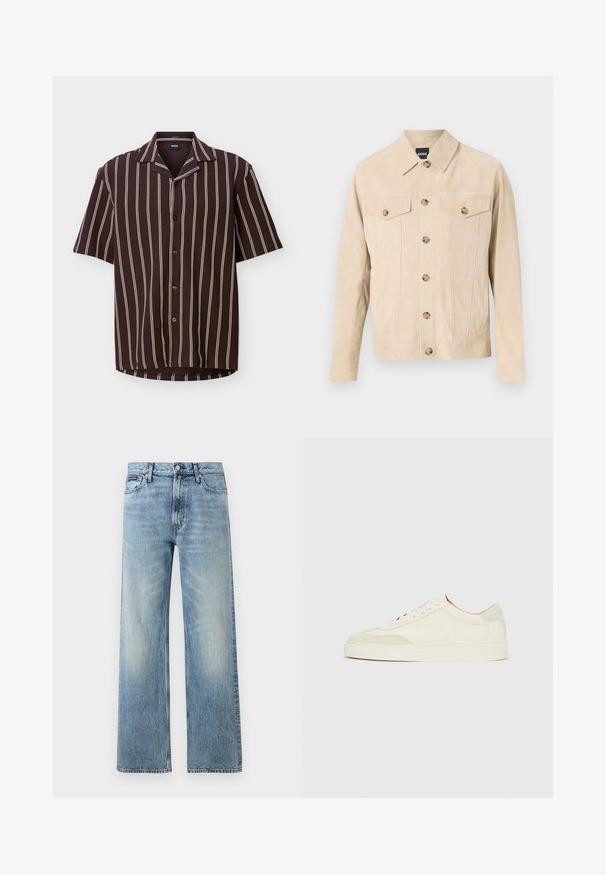 Veste en daim beige à boutons, avec deux poches poitrine à rabat et col, présentée sur un fond clair.; Chemise marron à manches courtes avec des rayures verticales blanches et un col de style camp, présentée à plat sur un fond clair.; Jean droit en denim bleu clair avec taille haute, cinq poches, fermeture à boutons et léger délavage sur les cuisses et les genoux.; Baskets en daim blanc à finition lisse, embout rond, design lacé plat, avec des accents texturés contrastants. Comprend un détail de logo subtil.