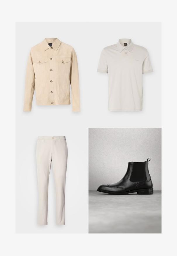 Beige knap-på ruskindjakke med to brystlommer med knapper og en krave, vist mod en lys baggrund.; Lysebeige kortærmet polo med to knapper, ribbede manchetter og lille broderet "BOSS"-logo på venstre bryst.; Beige bukser med slim fit, der har en frontknaplukning, flad frontdesign og lige ben, lavet af glat bomuldsblandingsstof.; Sort læder Chelsea-støvle med brogue-detaljer, elastiske sidepaneler, træksløjfe og lav hæl, vist i luften mod en moderne indendørs gulv.