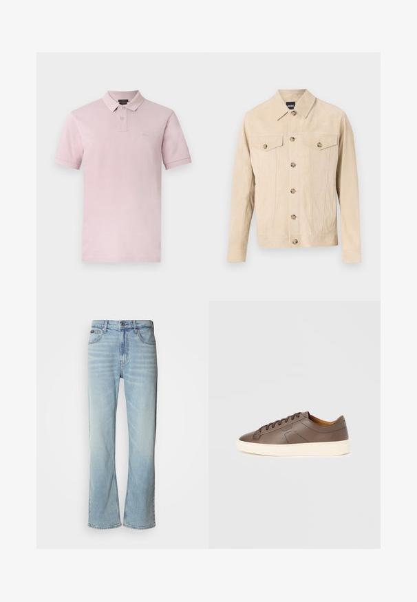 Veste en daim beige à boutons, avec deux poches poitrine à rabat et col, présentée sur un fond clair.; Polo rose clair à manches courtes avec deux boutons, petit écusson logo sur la poitrine et col classique sur fond blanc.; Jeans en denim bleu clair avec une coupe droite, dotés de cinq poches, d'une fermeture à bouton et d'une légère décoloration sur le tissu.; Baskets en cuir marron à texture lisse, semelle extérieure crème contrastante, bout arrondi et lacets marron foncé ; présente un logo discrètement embossé.