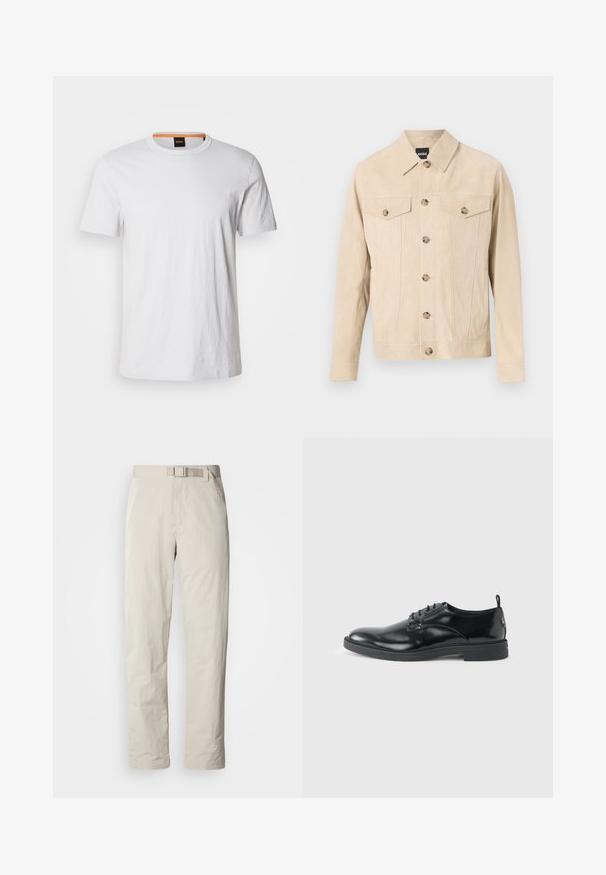 Veste en daim beige à boutons, avec deux poches poitrine à rabat et col, présentée sur un fond clair.; T-shirt blanc à manches courtes en coton doux, avec un col rond et un subtil détail de logo assorti en blanc sur le devant.; Pantalons beiges au design droit, fabriqués dans un tissu léger. Dotés d'une ceinture intégrée et d'une texture subtile avec une finition élégante.; Chaussure habillée en cuir noir brillant avec un petit talon, fermeture à lacets et bout rond, vue de côté sur un fond uni et clair.