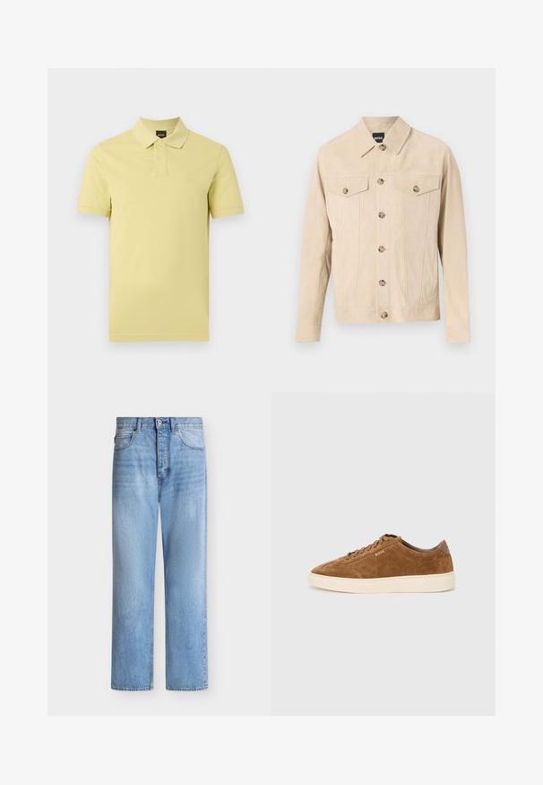Veste en daim beige à boutons, avec deux poches poitrine à rabat et col, présentée sur un fond clair.; Polo à manches courtes de couleur jaune pâle avec deux boutons et un petit logo sur la poitrine sur un fond blanc uni.; Jean droit en denim bleu clair avec fermeture par bouton et zip, poches avant et arrière, et passants de ceinture à la taille.; Baskets en daim marron avec bout rond, semelle en caoutchouc crème et lacets ton sur ton. Présentent un logo en relief sur le côté et un panneau arrière lisse.