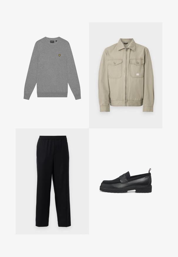 Veste beige à manches longues avec fermeture éclair avant, deux poches poitrine à boutons et un col classique, présentée sur un fond blanc.; Pull gris à manches longues, col rond et poignets côtelés. Présente un petit logo brodé jaune sur la poitrine gauche. Fabriqué en tissu doux.; Pantalons noirs avec une taille élastique, design à jambes droites et un tissu lisse et léger. Pas de poches visibles ni de motifs.; Mocassins noirs avec un corps en cuir lisse, une semelle en caoutchouc et des accents texturés sur la partie supérieure. Ils présentent une bordure cousue et un design à enfiler.