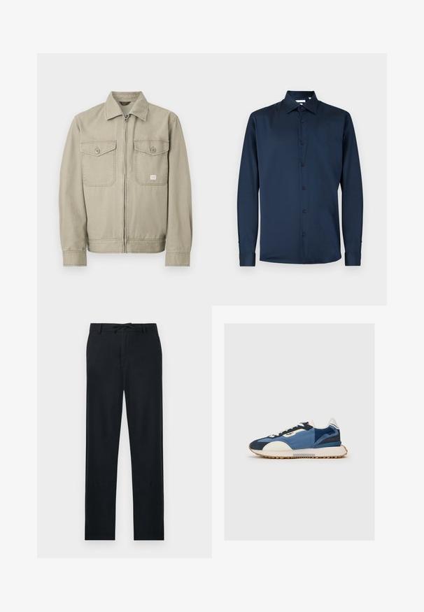 Beige pitkähihaiset takki, jossa etuvetoketju, kaksi napillista rintataskua ja klassinen kaulus, esillä valkoisella taustalla.; Tummansininen pitkähihainen paita, valmistettu sileästä kankaasta, jossa on klassinen kaulus, kokopitkä nappilista ja napilliset kalvosimet.; Mustat housut, jotka on valmistettu kevyestä materiaalista, suoran leikkauksen, säädettävän narukorsetin vyötärön ja kahden sivutaskun kanssa.; Sininen ja laivastonsininen juoksukenkä, jossa on verkkokaihtoa ja mokkaa, valkoisia yksityiskohtia sekä kumipohja, jossa on teksturoitu kuvio.