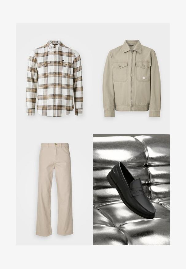 Beige Langarmjacke mit durchgehendem Reißverschluss, zwei mit Knöpfen verschließbaren Brusttaschen und klassischem Kragen, auf weißem Hintergrund dargestellt.; Lee CLEAN WESTERN - Hemd - ecru ochre plaid; Beige Baumwollweite Hosen mit fünf Taschen, einem Knopfverschluss und Gürtelschlaufen; glatte Textur mit geradem Schnitt und Saum.; Schwarze Lederloafers mit glatter Oberfläche, mit Ziernähte und klassischem Design, präsentiert vor einem metallischen, glänzenden Hintergrund.