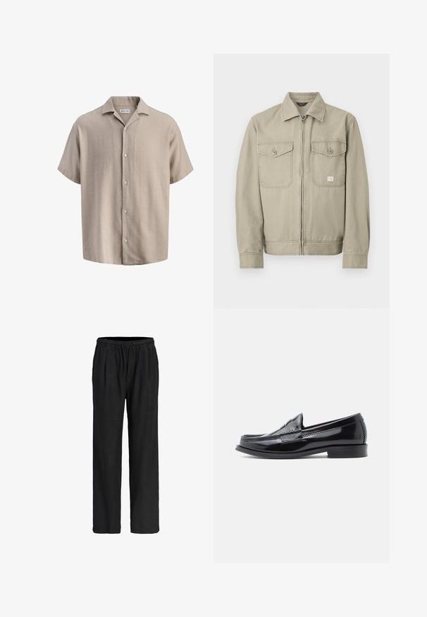 Veste beige à manches longues avec fermeture éclair avant, deux poches poitrine à boutons et un col classique, présentée sur un fond blanc.; Chemise beige à manches courtes avec boutonnage, col de style camp, tissu texturé et étiquette Jack & Jones à l'intérieur de l'encolure.; Pantalon noir ample avec taille élastique et cordon de serrage, coupe droite, adapté pour un usage décontracté.; Mocassin en cuir verni noir avec un bout arrondi, des détails cousus et un petit talon empilé. Surface lisse avec un éclat subtil.