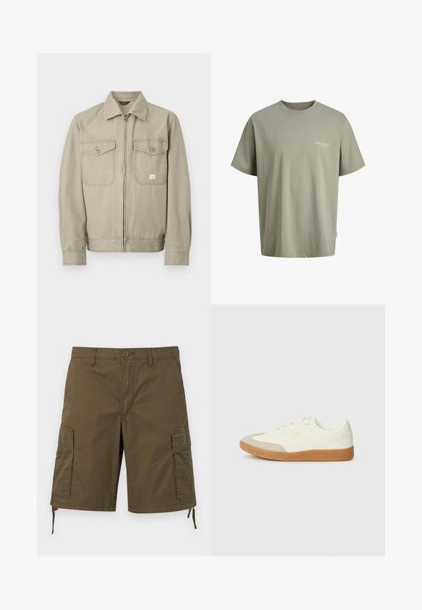 Veste beige à manches longues avec fermeture éclair avant, deux poches poitrine à boutons et un col classique, présentée sur un fond blanc.; T-shirt vert olive clair à manches courtes et col rond avec le texte « ORIGINALS COPENHAGEN » sur la poitrine gauche.; Short cargo kaki avec poches latérales à rabat, fermeture à boutons à l'avant, passants pour ceinture et cordons réglables à l'ourlet.; Baskets en cuir blanc avec une coque beige et une semelle en caoutchouc marron clair. Dotées de lacets blancs plats et d'un logo embossé sur le côté.