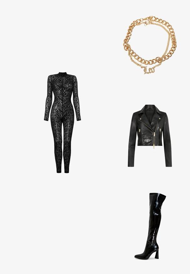 AllSaints ELORA BIKER - Nahkatakki - black; Mustapohjainen läpinäkyvä bodysuit pitkillä hihoilla, korkealla kauluksella ja zebra-raita-kuviolla. Ominaisuuksia ovat tiukka muotoilu ja teksturoitu verkkokangas.; Musta patenttinahkainen reidestä ylöspäin ulottuva saapas, jossa on kärjestään kärkinen terävä kärki, neliönmuotoinen tolppakorko ja sileä, kiiltävä pinta. Ei näkyvissä olevia metalliosia.; Kultaketjuinen kerroskaulakoru, jossa on riittävän paksuja ketjuja, ohut ketju ja koristeellinen "Loo" -riipus käsinkirjoitetussa fontissa. Tasainen pinta.