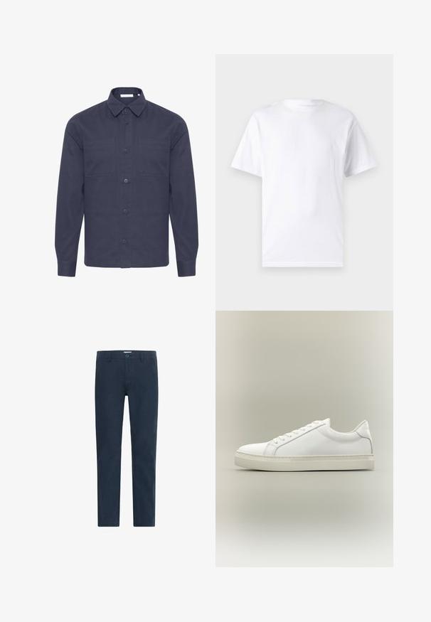Marineblå langærmet skjorte med knapper i tekstureret stof, med spids krave, to brystlommer og frontlukning med knapper.; Hvid kortærmet t-shirt lavet af bomuld med rund hals, der har en glat tekstur og et simpelt design uden mønstre eller accenter.; Mørkeblå chinos lavet af bomuldsblandingsstof, med knaplukning, lige ben og en glat tekstur uden mønstre eller accenter.; Hvid lavtop sneaker med snørebånd foran og tyk sål, vist fra siden mod en neutral baggrund.