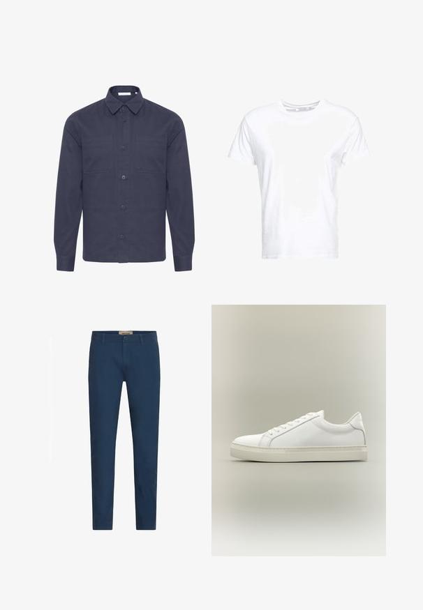 Navyblauwe overhemd met lange mouwen van textuurstof, met een spitse kraag, twee borstzakken en een knoopsluiting aan de voorkant.; Witte katoenen t-shirt met een ronde hals en korte mouwen, in een klassiek model met een gladde textuur. Geen patronen of hardware zichtbaar.; Marineblauwe slim-fit herenbroek met riemlussen, sluiting met knoop aan de voorkant en zijzakken, tentoongesteld tegen een witte achtergrond.; Witte lage sneaker met veters aan de voorkant en dikke zool, zijaanzicht tegen een neutrale achtergrond.