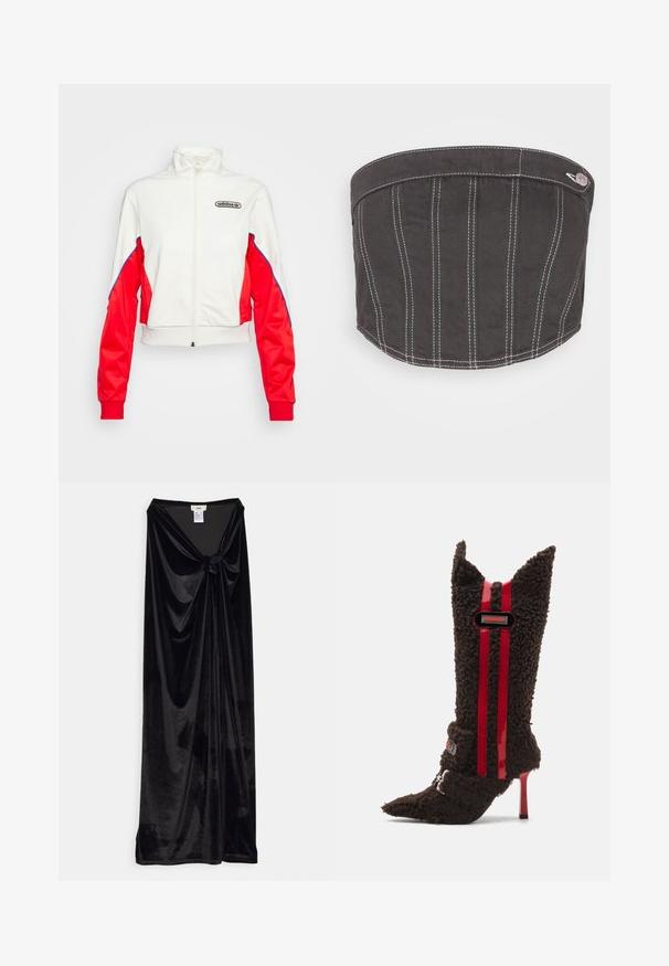 adidas Originals TRACK - Veste de survêtement - white/vivid red; NA-KD CONTRAST STITCHING CORSET - Débardeur - dark grey; GmbH LONG SKIRT WITH A KNOT - Jupe longue - black; Bottines à talons aiguilles en faux fourrure marron, avec des pointes effilées, ornées de rayures en cuir verni rouge et d'un accent de logo au niveau de la cheville. Tissu texturé.