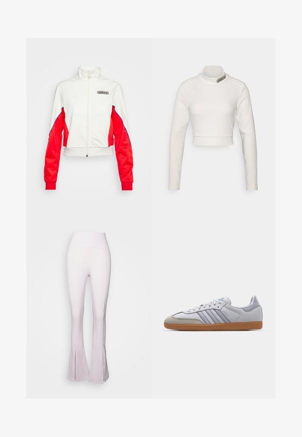 adidas Originals TRACK - Tréningová bunda - white/vivid red; adidas Originals CROPPED - Top s dlhým rukávom - white; Svetloružové rozšírené nohavice s vysokým pásom, s hladkou textúrou a rozparkom na spodnej časti. Vyrobené z elastického, priliehavého materiálu.; Biele kožené tenisky s svetlomodrými akcentmi, sivým semišovým špičkou a hnedou gumovou podrážkou. Obsahujú tri modré pruhy a branding "Samba".