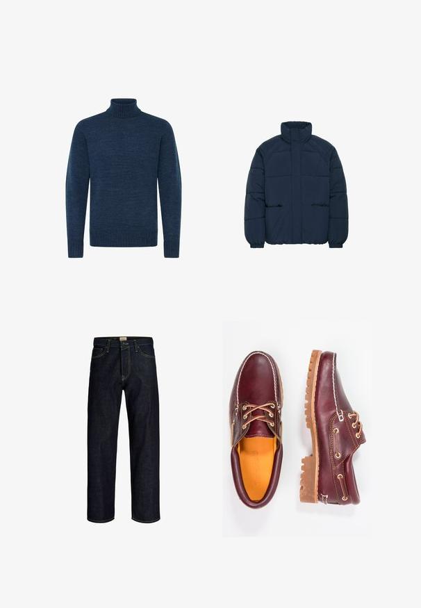 Chaqueta acolchada de color azul marino con un cuello alto, diseño acolchado, puños elásticos y dos bolsillos frontales. Tejido suave y ligero con una textura suave.; Suéter de cuello alto azul marino hecho de tejido texturizado, con mangas largas y acentos de canalé en el cuello y el dobladillo.; Vaqueros azul oscuro de pierna recta con costuras amarillas, cierre frontal de botón y cremallera, y diseño de cinco bolsillos.; Zapatos de cuero burdeos con suelas de goma marrón, puntera redonda, costuras blancas y ojales dorados. El interior cuenta con un forro amarillo.
