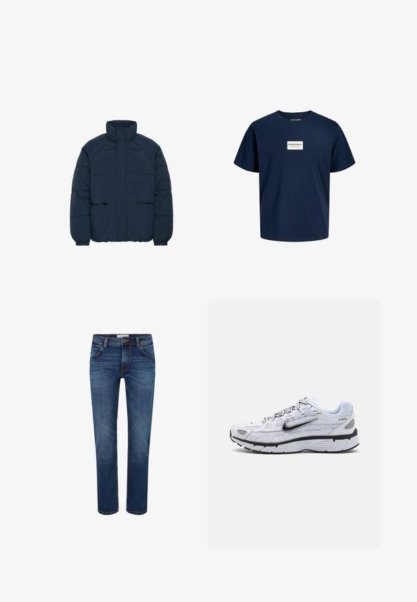 Veste matelassée bleu marine avec un col haut, design matelassé, cuffs élastiques et deux poches avant. Tissu doux et léger avec une texture lisse.; T-shirt en coton bleu marine à manches courtes, col rond, avec un logo carré blanc centré portant l'inscription "Jack & Jones".; Jeans en denim de couleur bleu foncé avec une coupe droite, style cinq poches et surpiqûres contrastées. Taille standard avec fermeture à bouton.; Baskets de course blanches avec une tige en mesh, bout arrondi, accents noirs et semelle à motif. Comprend des lacets et une marque sur le côté.