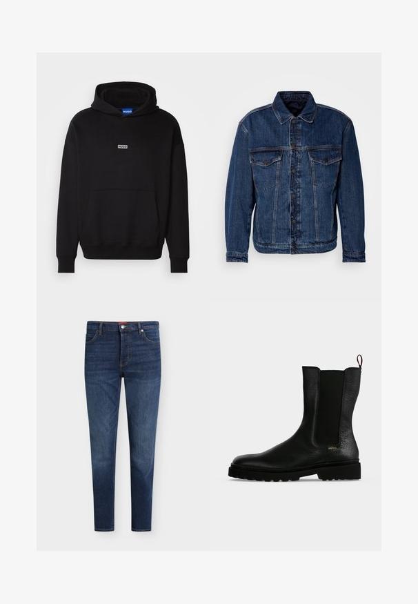 Donkerblauwe spijkerjas met een kraag, twee borstzakken en knoopsluiting. Heeft een iets ongestructureerde pasvorm en zichtbare stiksels.; HUGO NAZARDO - Hoodie - black; Donkerblauwe slim-fit jeans met voorzakken, riemlussen, knoopsluiting en subtiel vervagen op dijen en knieën.; Zwarte leren enkellaars met elastisch zijpaneel, dikke zool en treklus aan de achterkant, met een klein gouden "Hugo" logo vlak bij de hiel.