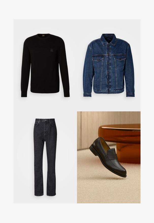 Dunkelblaue Jeansjacke mit Kragen, zwei Brusttaschen und Knopfverschluss. Hat eine leicht unstrukturierte Passform und sichtbare Nähte.; Schwarzer Strickpullover mit langen Ärmeln, Rundhalskragen und einem kleinen strukturierten Logo-Patch auf der Brust. Glatte Textur über die gesamte Fläche.; Hochtaillierte schwarze Jeans aus Denim mit Knopf- und Reißverschluss, Vorder- und Hintertaschen sowie einer geraden Passform.; Schwarzer Leder-Loafer mit niedrigem Absatz, der über einem beigen Teppichboden nahe einem runden braunen Tisch schwebt.