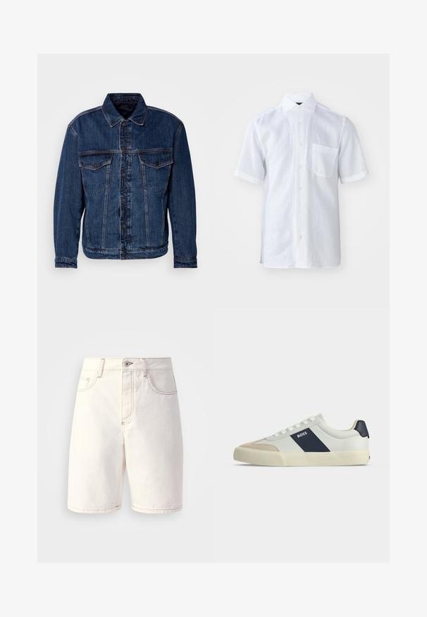 Veste en denim bleu foncé avec un col, deux poches poitrine et fermeture à boutons. Présente une coupe légèrement déstructurée et des coutures visibles.; Chemise blanche à manches courtes en lin léger avec un col à bouton, une poche avant et une surface légèrement texturée.; Shorts en denim blanc à coupe droite, dotés de cinq poches, de coutures oranges et d'une fermeture éclair avec un bouton unique.; Baskets basses blanches avec bout beige, bande latérale bleu marine marquée BOSS, lacets blancs et semelle en caoutchouc sur fond neutre.