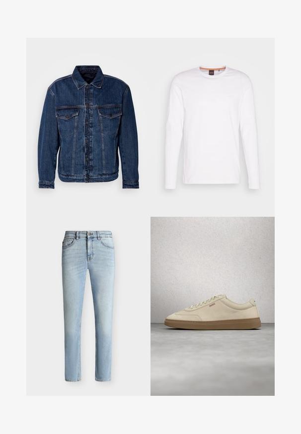 Chaqueta de denim azul oscuro con cuello, dos bolsillos en el pecho y cierre de botones. Presenta un ajuste ligeramente desestructurado y costuras visibles.; Camiseta de manga larga blanca de algodón. Presenta un cuello redondo y un pequeño logo en relieve en el lado izquierdo del pecho. Textura suave.; Vaqueros ajustados de denim azul claro con botón y cremallera delanteros, diseño de cinco bolsillos y sutil desgaste desde el muslo hasta la rodilla.; Zapatilla de ante beige claro con suela de goma color caramelo, cordones prominentes y detalles de costura sutiles. Diseño limpio con una estética minimalista.
