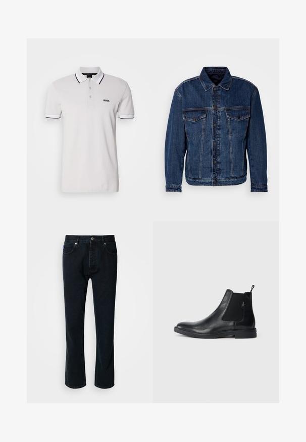 Dunkelblaue Jeansjacke mit Kragen, zwei Brusttaschen und Knopfverschluss. Hat eine leicht unstrukturierte Passform und sichtbare Nähte.; Weißes Poloshirt aus Baumwolle, mit einem schwarz abgesetzten Kragen und Ärmeln. Das Markenlogo "BOSS" ist auf der linken Brust gestickt.; HUGO JONAH - Jeans Straight Leg - dark blue; Schwarze Leder Chelsea-Boots mit elastischen seitlichen Einsätzen, einer Zugschlaufe und einer flachen Gummisohle. Glatte Textur mit minimaler Ausgestaltung.