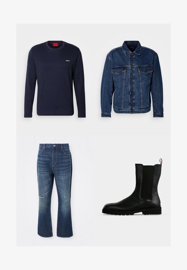 Donkerblauwe spijkerjas met een kraag, twee borstzakken en knoopsluiting. Heeft een iets ongestructureerde pasvorm en zichtbare stiksels.; Donkerblauwe lange mouwen t-shirt van katoen met een ronde halslijn, witte "HUGO" logo op de borst en een eenvoudige, gladde textuur.; Blauwe denim flare jeans met lichte slijtage op beide knieën en een knoopsluiting bij de taille, gepresenteerd tegen een witte achtergrond.; Zwarte leren enkellaars met elastisch zijpaneel, dikke zool en treklus aan de achterkant, met een klein gouden "Hugo" logo vlak bij de hiel.