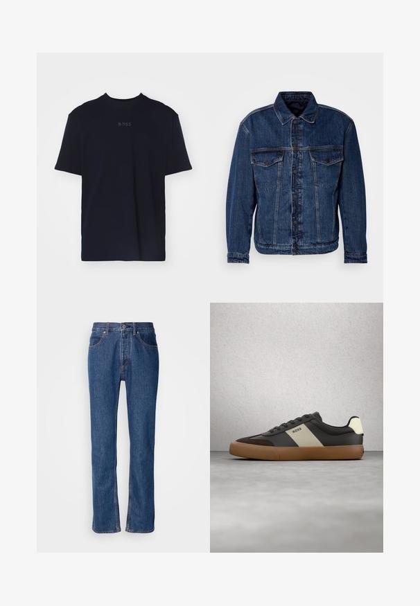 Chaqueta de denim azul oscuro con cuello, dos bolsillos en el pecho y cierre de botones. Presenta un ajuste ligeramente desestructurado y costuras visibles.; Camiseta de algodón azul marino de manga corta y escote redondo, con un logo gris "BOSS" centrado en el pecho.; Vaqueros de mezclilla azul con corte recto, diseño de cinco bolsillos y costuras claras. Presenta un cierre de cremallera y un botón en la parte frontal.; Zapatilla negra y marrón con una franja beige y el logo "BOSS", flotando sobre un suelo de concreto gris y un fondo de pared de bloques de vidrio.
