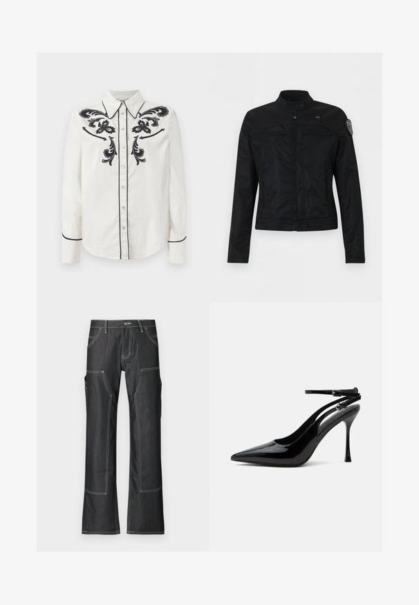 Schwarze Jacke mit Reißverschluss, hohem Kragen, Knopfverschlüssen, Reißverschlusstaschen auf der Brust und einem Aufnäher am oberen linken Ärmel.; Weißes Baumwollhemd mit schwarzer floralem Stickerei auf der Brust, schwarzem Piping entlang des Kragens und der Manschetten sowie einer Knopfleiste.; Dunkelblaue Cargo-Hosen aus Denim mit weißer Kontrastnaht, ausgestattet mit mehreren Taschen und einem schmal zulaufenden Bein-Design. Robustes Material und Metallknopf-Verschluss.; Schwarzer Lackleder-Pumps mit hohem Absatz, spitzer Kappe und doppelten Knöchelriemen mit silbernen Schnallen.