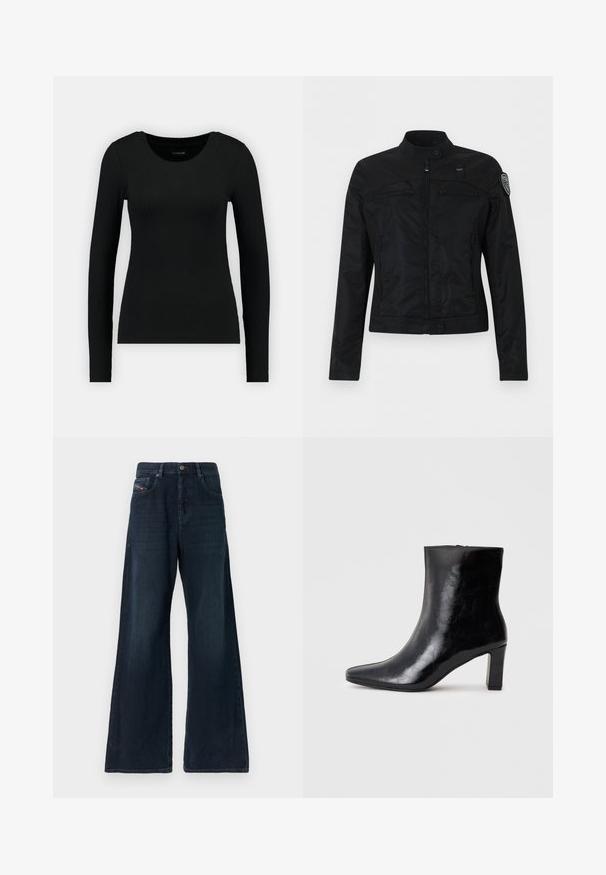 Schwarze Jacke mit Reißverschluss, hohem Kragen, Knopfverschlüssen, Reißverschlusstaschen auf der Brust und einem Aufnäher am oberen linken Ärmel.; Schwarz, langärmliges Shirt aus geripptem Material. Merkmale einen runden Halsausschnitt und eine taillierte Silhouette. Einfaches Design ohne Muster oder Akzente.; Weit geschnittene Jeans aus dunklem Denim mit mittlerer Leibhöhe, vorderen Taschen, dezenten Waschungen und sauberem Saum. Mit einem Metallknopfverschluss.; Schwarze Knöchelstiefel aus glänzendem Leder mit spitzem Zustand und mittelhohem Blockabsatz, mit glatter Textur und einfachem Design.