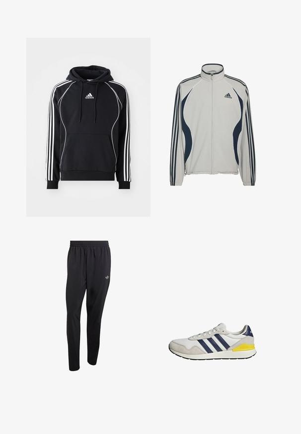 Hellgraue Jacke mit Reißverschluss und marineblauen Akzenten, mit drei gestreiften Ärmeln und einem Adidas-Logo auf der oberen linken Seite. Glatte Stoffstruktur.; Schwarzer Adidas-Hoodie mit weißen Streifen an den Ärmeln, weißen Paspeln auf der Vorderseite, vorderer Kängurutasche und kapuze mit Kordelzug.; Schwarze Sporthose aus leichtem Material mit elastischem Bund und einem kleinen eingeprägten Logo im oberen linken Beinbereich.; Weißer und grauer Adidas-Sneaker mit marineblauen Streifen und einem gelben Akzent an der Ferse, seitlich auf weißem Hintergrund dargestellt.