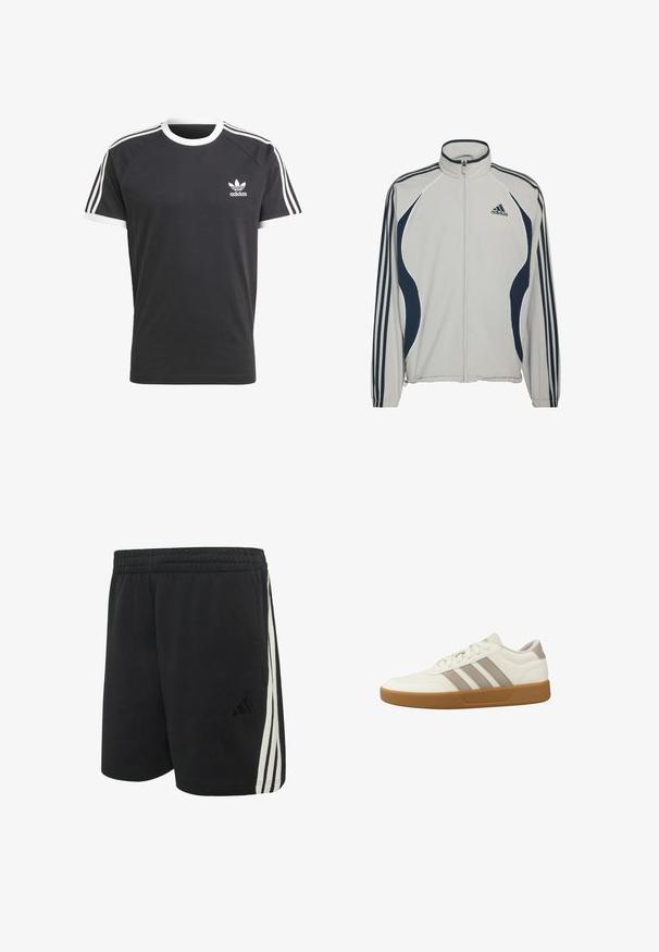 Lichtgrijs jack met rits en marineblauwe accenten, met drie gestreepte mouwen en een Adidas-logo op de bovenkant links. Gladde stoftextuur.; Zwarte T-shirt met witte kraag en mouwtrims, voorzien van drie witte horizontale strepen op elke schouder en een klein wit Adidas-logo.; Zwarte sportshorts met elastische tailleband, drie witte verticale strepen aan de zijkanten en een subtiel zwart Adidas-logo op het linkerbeen.; Witte low-top sneaker met beige strepen en een rubberen zool, vetersluiting en een gevoerde kraag voor casual gebruik.