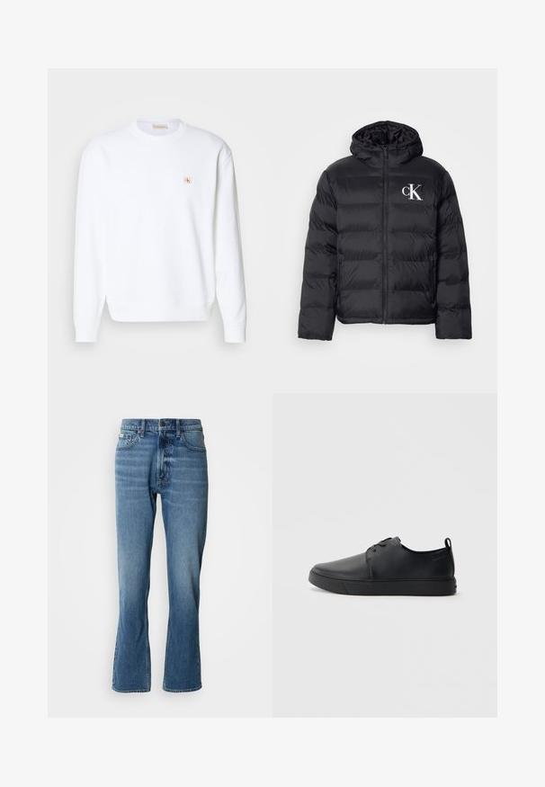 Sort pufferjakke med lynlås foran, hætte og hvidt "CK" logo. Har en quiltet design og en glat, skinnende overflade.; Hvid sweatshirt med lange ærmer, rund hals og ribbede manchetter. Har et lille logo i rød og beige på venstre brystområde. Glat tekstur.; Lyseblå denim jeans med lige pasform og let flare. Har fem lommer, knaplukning og subtile slidte detaljer.; Sorte lædersneakers med en glat finish, rund tå, tonalt syning, snøring foran og en flad gummisål. Løkke ved hælen.