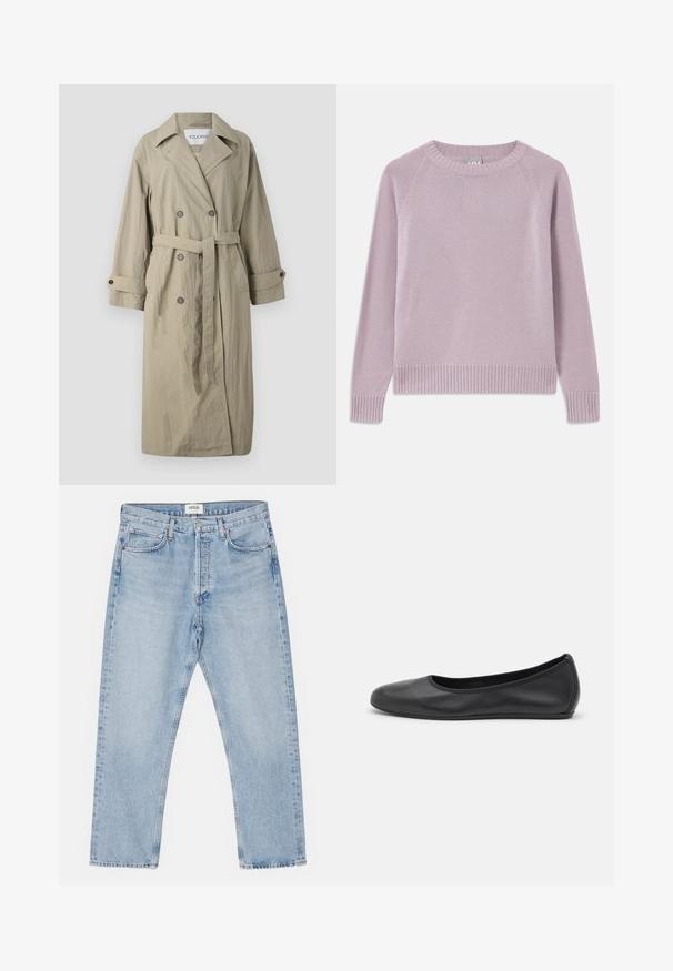 Beige dubbelzijdige trenchcoat met een strikriem, knoopmanschetten en een licht gestructureerde stof. Bevat een geknipte kraag en twee voorzakken.; Lichtpaarse gebreide trui met een geribde zoom en manchetten, raglanmouwen en een ronde hals. Zachte textuur en naadloos ontwerp.; Lichtblauwe denim jeans met een klassieke rechte pasvorm, vijf zakken en een knoopsluiting, met subtiele vervaging en een stevige textuur.; Zwarte leren ballerina met een ronde neus, gladde textuur, minimale stikdetails en een flexibele zoolontwerp.