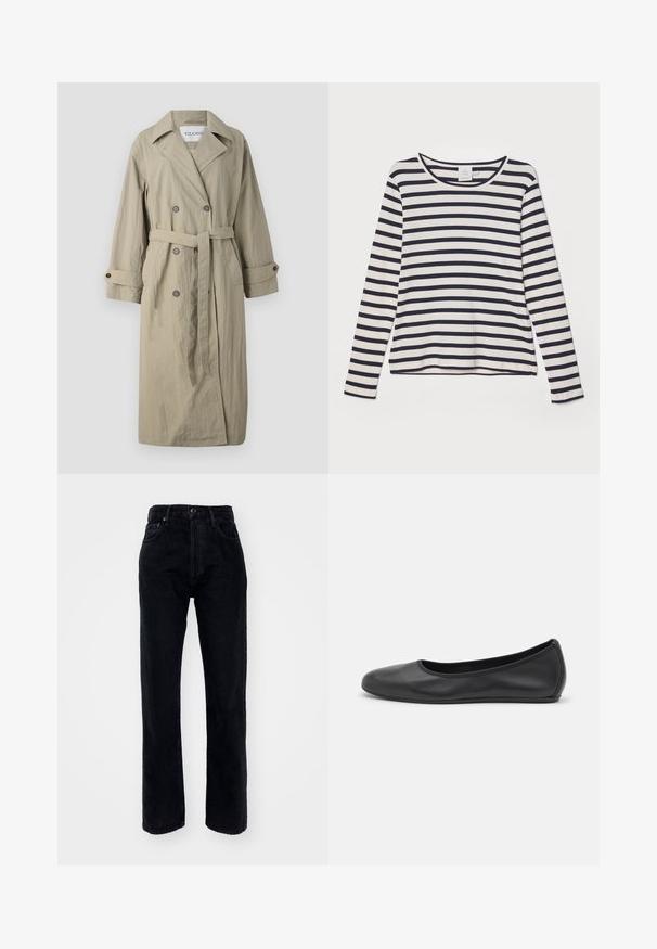 Beige dobbeltbrystet trench coat med bælte, knappede manchetter og et let struktureret stof. Har en spids krave og to forlommer.; Langærmet skjorte i creme med marineblå vandrette striber, med rund halsudskæring, ribbet tekstur og afslappet pasform.; Sorte denim jeans med høj talje og lige ben, der har fem lommer, bæltestropper og en knaplukning i taljen.; Sort læderballetsko med rund tå, glat tekstur, minimal syning og et fleksibelt såldesign.