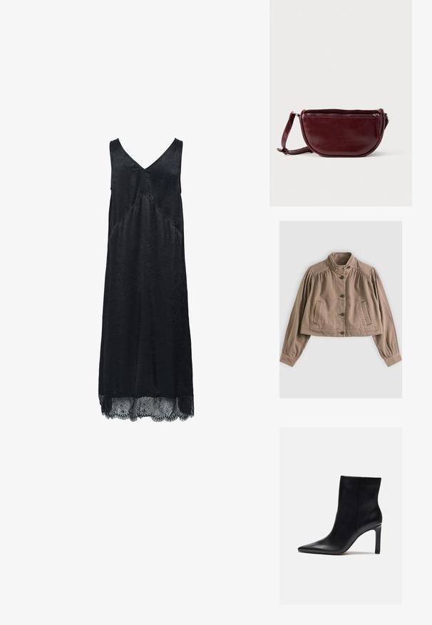 Lys brun cropped jakke med høj krave, knaplukning, lange puffede ærmer og syningsdetaljer på lommer på en neutral baggrund.; Sort ærmeløs kjole med V-hals, tekstureret stof og blondedetalje i kanten. Har en diagonal syningsdetalje.; Zign Højhælede støvletter - black; Vinrød læderhåndtaske med halvmåneform, lynlås og aftagelig rem. Glat tekstur med en subtil glans.