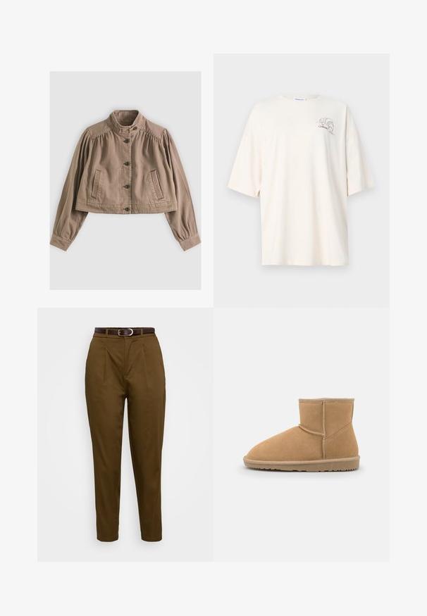 Lichtbruine cropped jas met hoge kraag, knoopsluiting, lange opgepofte mouwen en gestikte zakdetails op een neutrale achtergrond.; Roomkleurig oversized T-shirt met korte mouwen en een kleine croissantafbeelding en de tekst "Le Croissant" op de linkerborst.; Bruine op maat gemaakte broek van een soepele stof, met voorplooien en een bruine leren riem met een zilveren gesp. Elegante taps toelopende uitstraling.; Tan nubuck enkellaars met een ronde neus en gewatteerde kraag, voorzien van contrasterende stiksels en een gestructureerde rubberen zool.