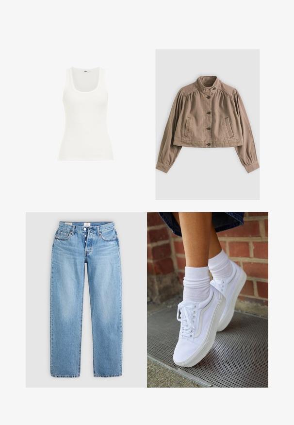 Lys brun cropped jakke med høj krave, knaplukning, lange puffede ærmer og syningsdetaljer på lommer på en neutral baggrund.; Hvid ribbet tanktop med rund halsudskæring og brede stropper. Stoffet ser strækbart og tætsiddende ud, velegnet til lag-på-lag eller afslappet brug.; Lysblå denim jeans med lige snit, fem lommer og knaplukning. Har syet detaljer og en ren kant.; Hvide lærreds sneakers med gummisåler, der har seks snørehuller, rund tå og let sømdetaljer, krydret med hvide ankelstrømper.