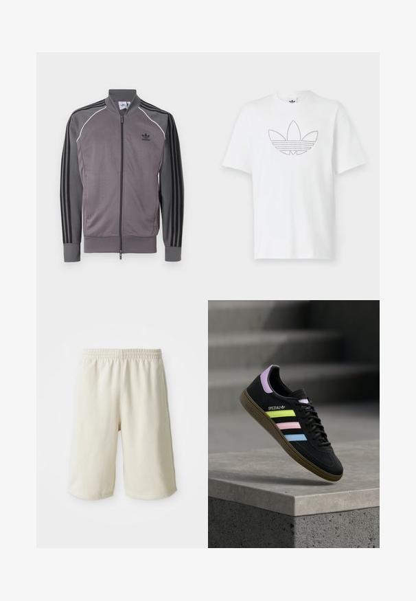 Grå atletisk jakke med lynlås foran, sort tre-stribet design på ærmerne, ribbede manchetter og krave. Har hvid piping langs sømmene.; Hvid bomulds-T-shirt med en prikket sort kontur af et trefoil-logo på fronten. Korte ærmer og rund halsudskæring.; Lys beige træningsshorts med elastisk talje, glat tekstur og diskret logo-detalje på venstre side forneden. Ingen lommer.; Sort Adidas Spezial sneaker med pastelgule, pink og blå striber, lavendel hælstrop og brun sål, svævende over betonforkant.